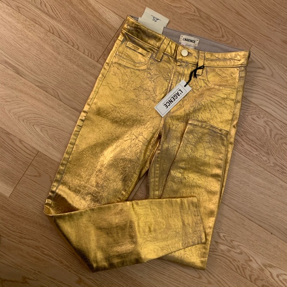 L’AGENCE High Rise Skinny Margot Gold Jeans Coated - Picture 8 of 8
